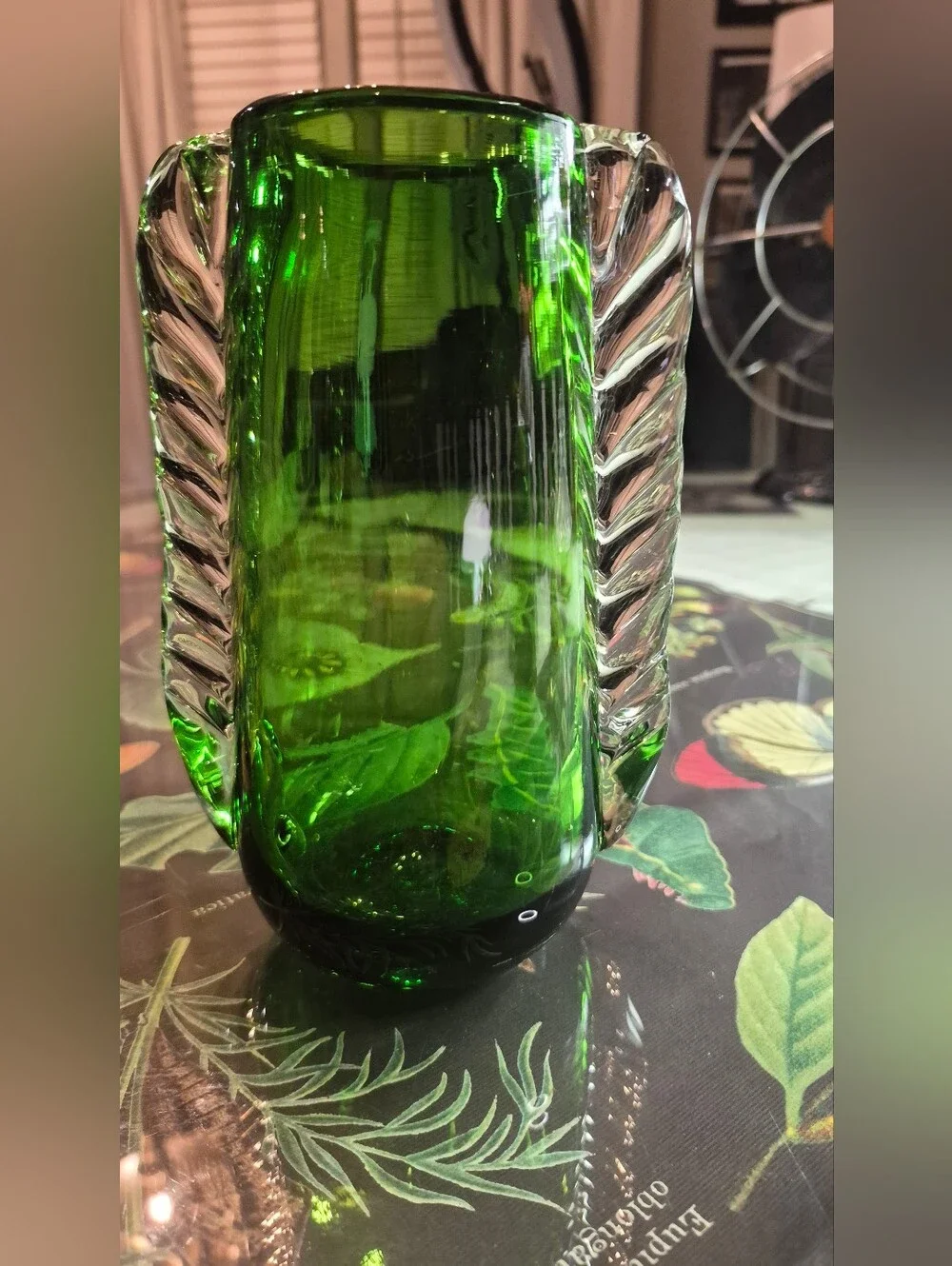 Green Glass Decorative Vase with Twisted Clear Handles